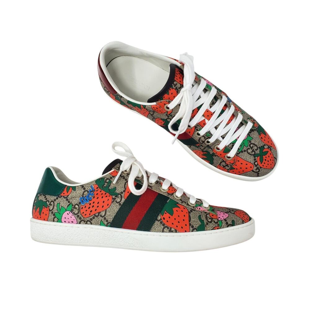 Gucci GG Supreme Monogram Logo Strawberry Lace Up Sneaker 433900 Size 37 US 7